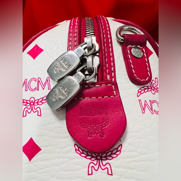 Red and White MCM Small Boston Satchel Bag w/ Brown Suede liner. MCM Monogram - Picture 12 of 16